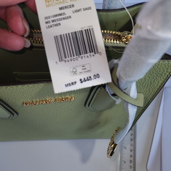 Michael Kors Medium Pebbled Leather Mercer Crossbody Bag Sage Green - Picture 8 of 14